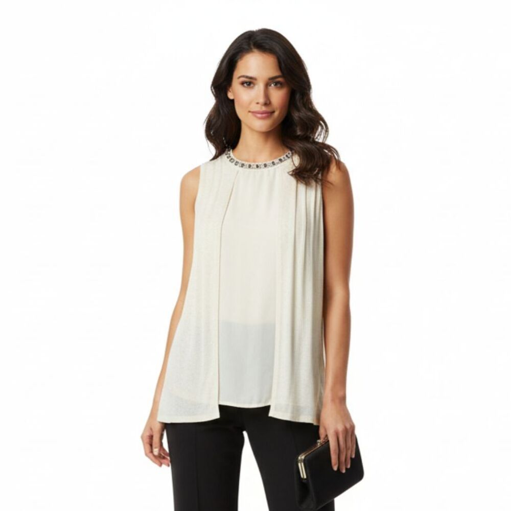 Next Ivory Layered Rhinestone Embellished Neck Sleeveless Knit Top 12